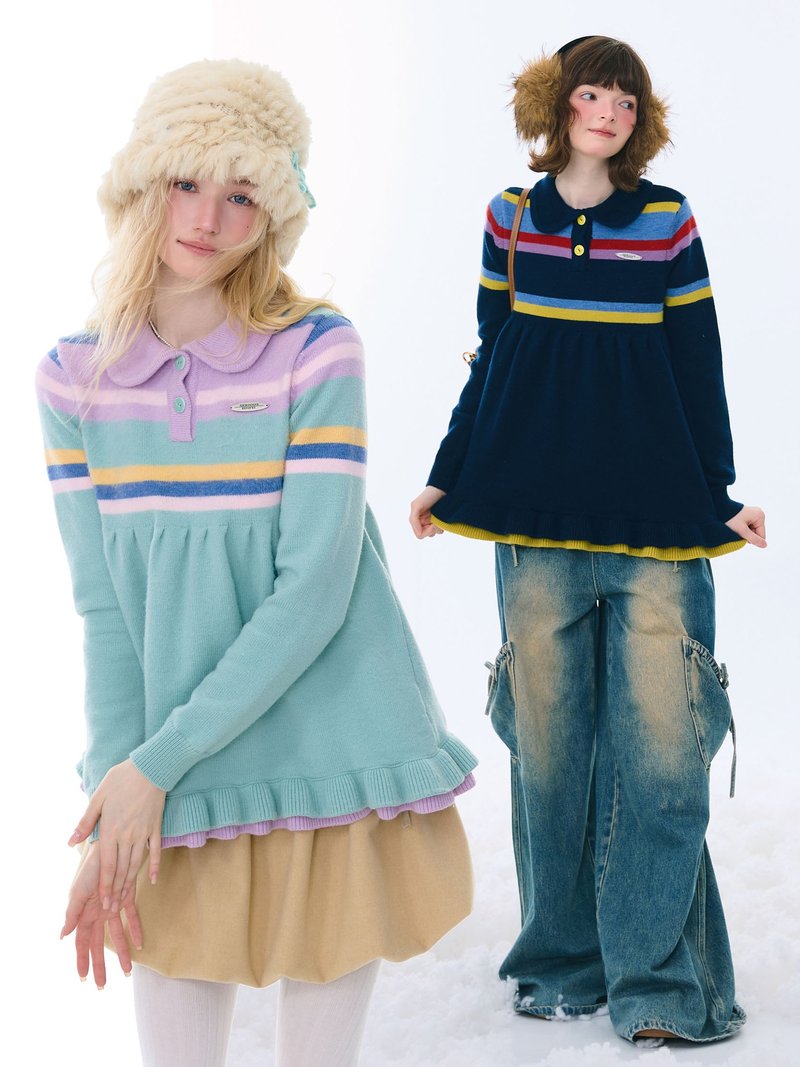 ziziFei秋冬美式复古设计感娃娃领撞色条纹花边下摆慵懒风毛衣女 - 女装针织衫/毛衣 - 其他材质 