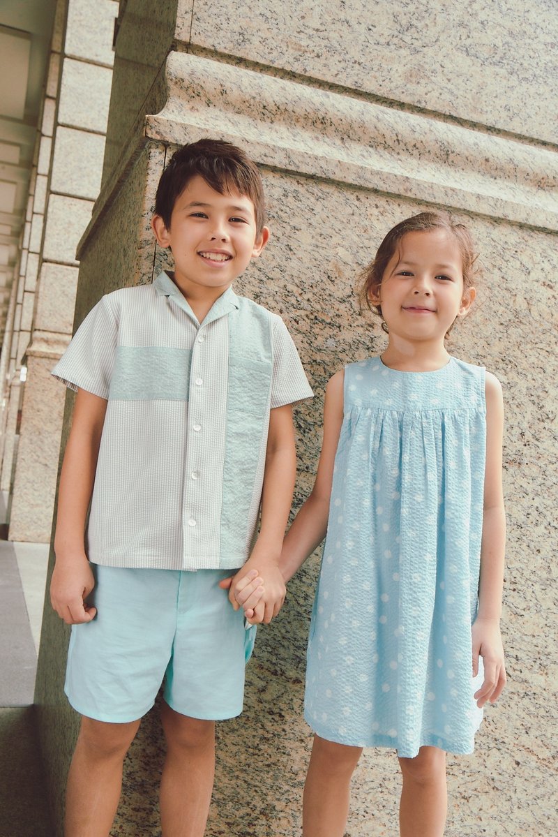 隐藏式口袋裁片剪接衬衫 - 童装上衣 - 棉．麻 绿色