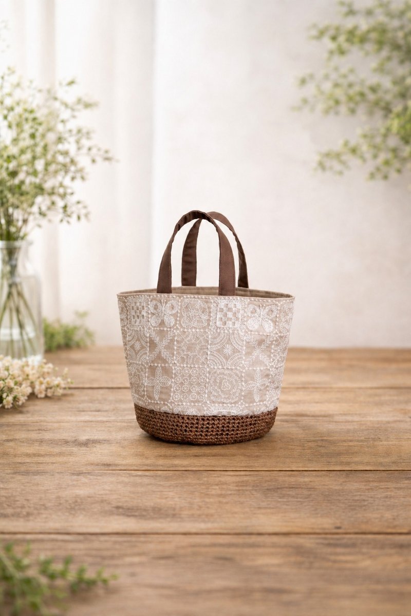 水桶托特包｜mina perhonen forest tile - 手提包/手提袋 - 棉．麻 卡其色