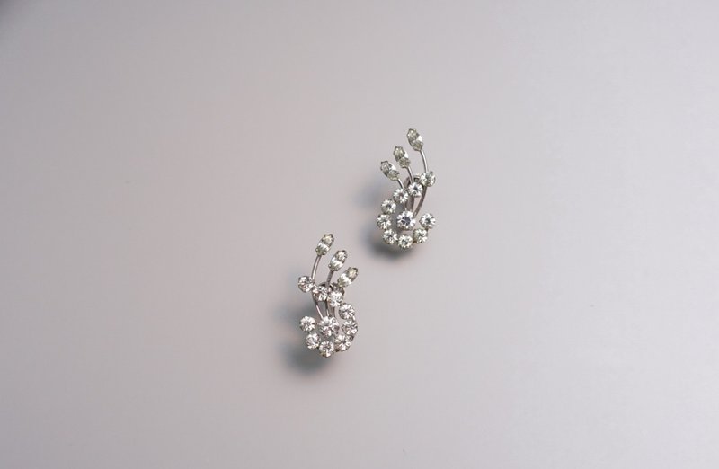 1960年代Krementz星星草莱茵石包白金耳栓式耳夹/婚礼/华丽 - 耳环/耳夹 - 其他金属 银色