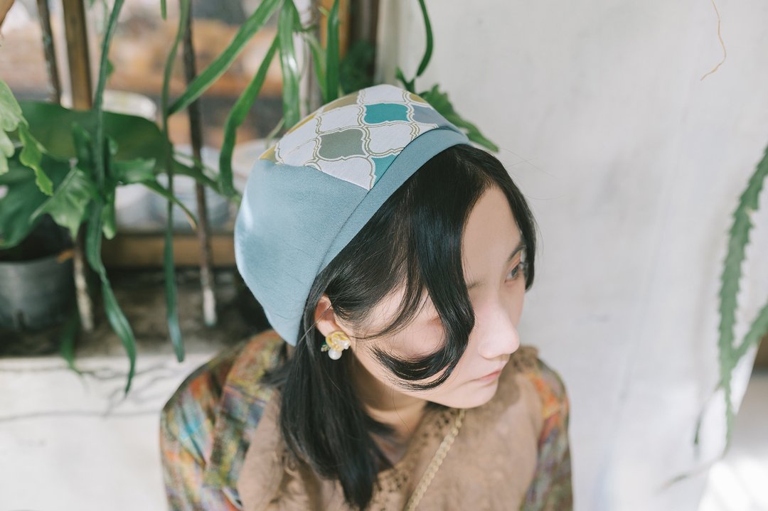 【怀古时光】手工印花贝蕾帽/贝雷帽/画家帽 - 帽子 - 棉 蓝色