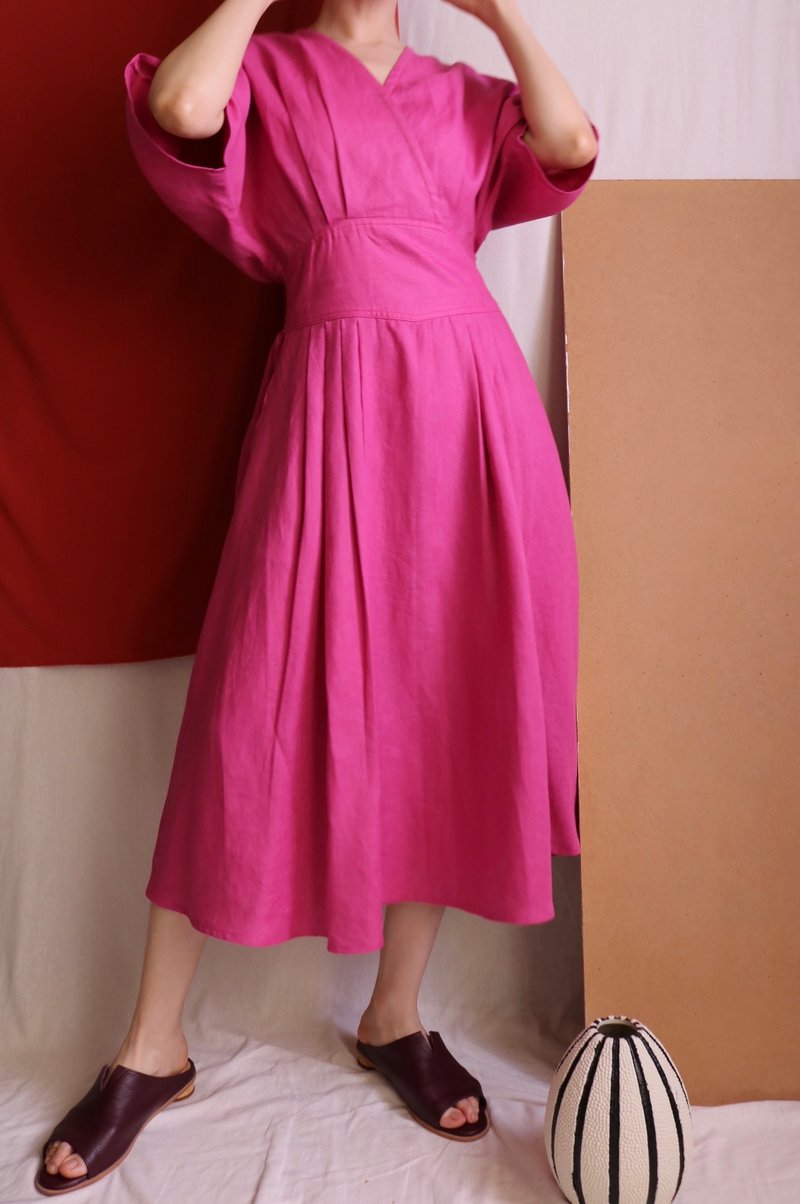 Playa Dress 粉红莓果 夏日 V领亚麻洋装 布料断货 出清S - 洋装/连衣裙 - 棉 