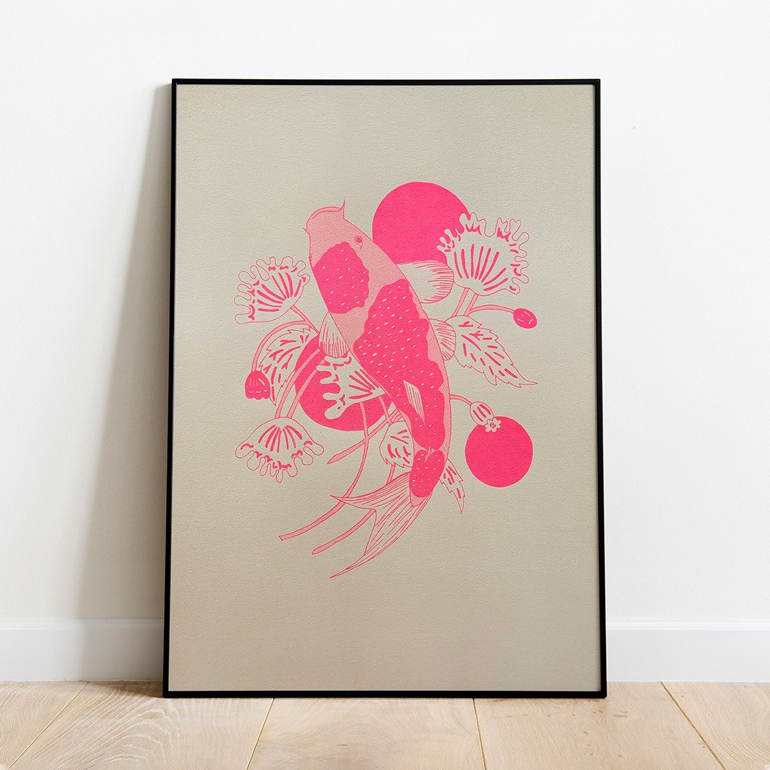 Neon Pink Screen Printed A2 Poster // Silk Screen // Koi and Shadow - 海报/装饰画/版画 - 纸 粉红色