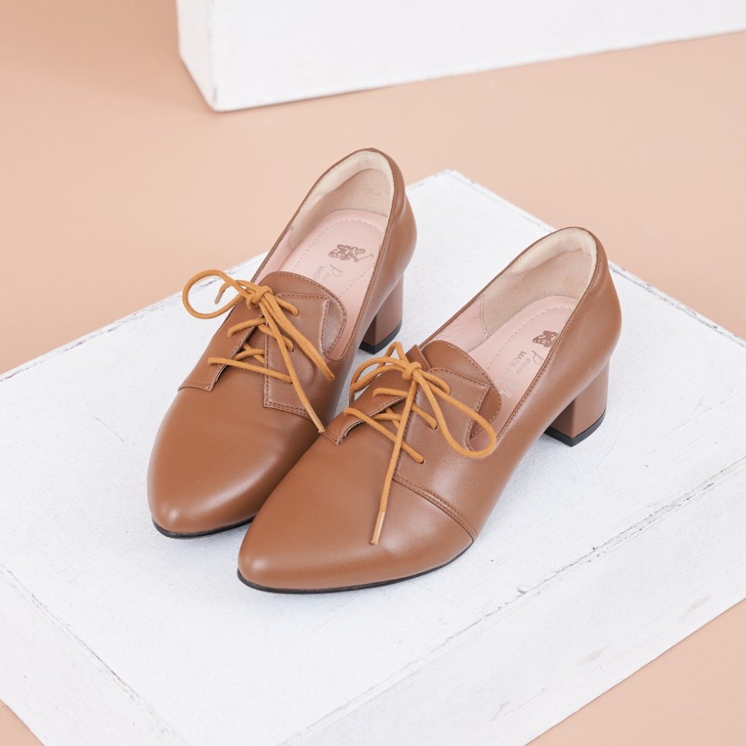 素面摩登中跟德比鞋4.5cm 棕色 - 其他女款皮鞋 - 真皮 咖啡色