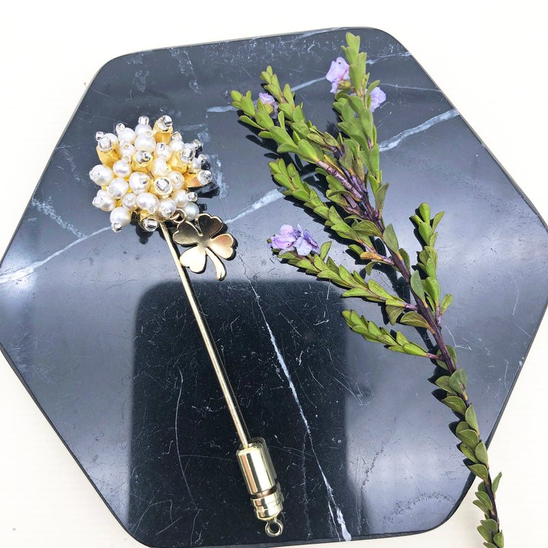 珍珠胸针 四叶草胸针 幸运胸针 金色别针 日本风格 金色别针 - 胸针 - 珍珠 金色