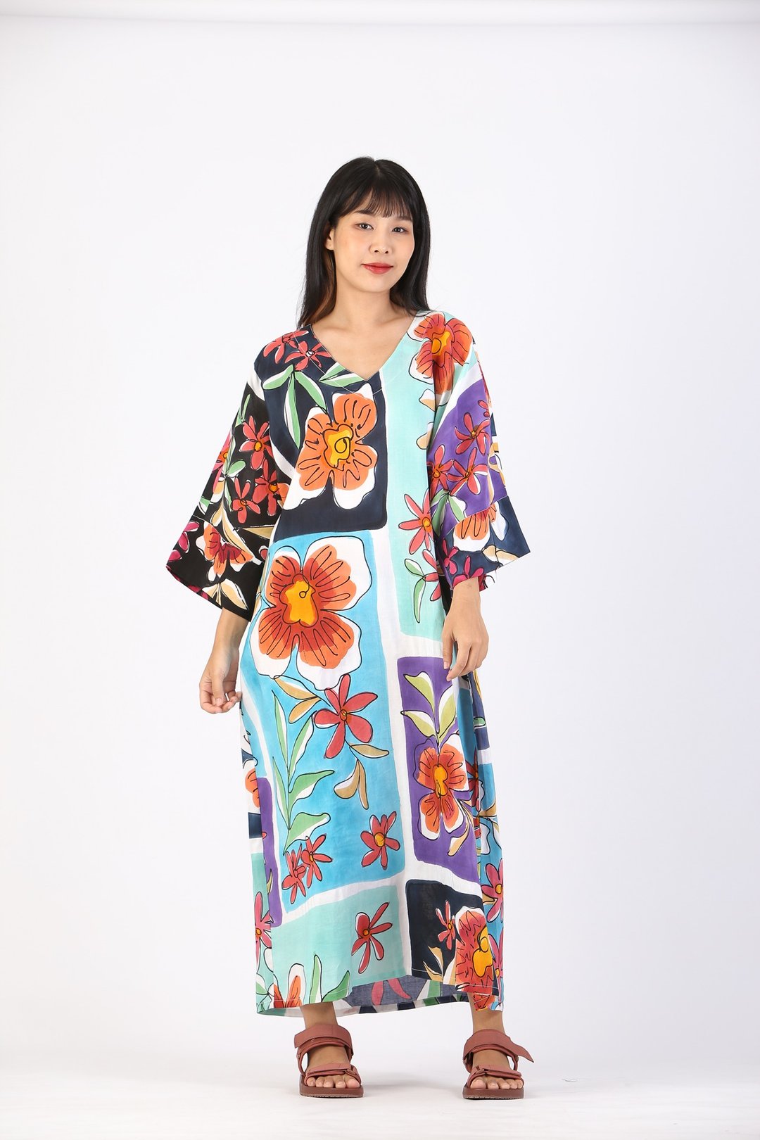 Long Kaftan Linen V Nack Hand Paint Free Size - 洋装/连衣裙 - 聚酯纤维 多色