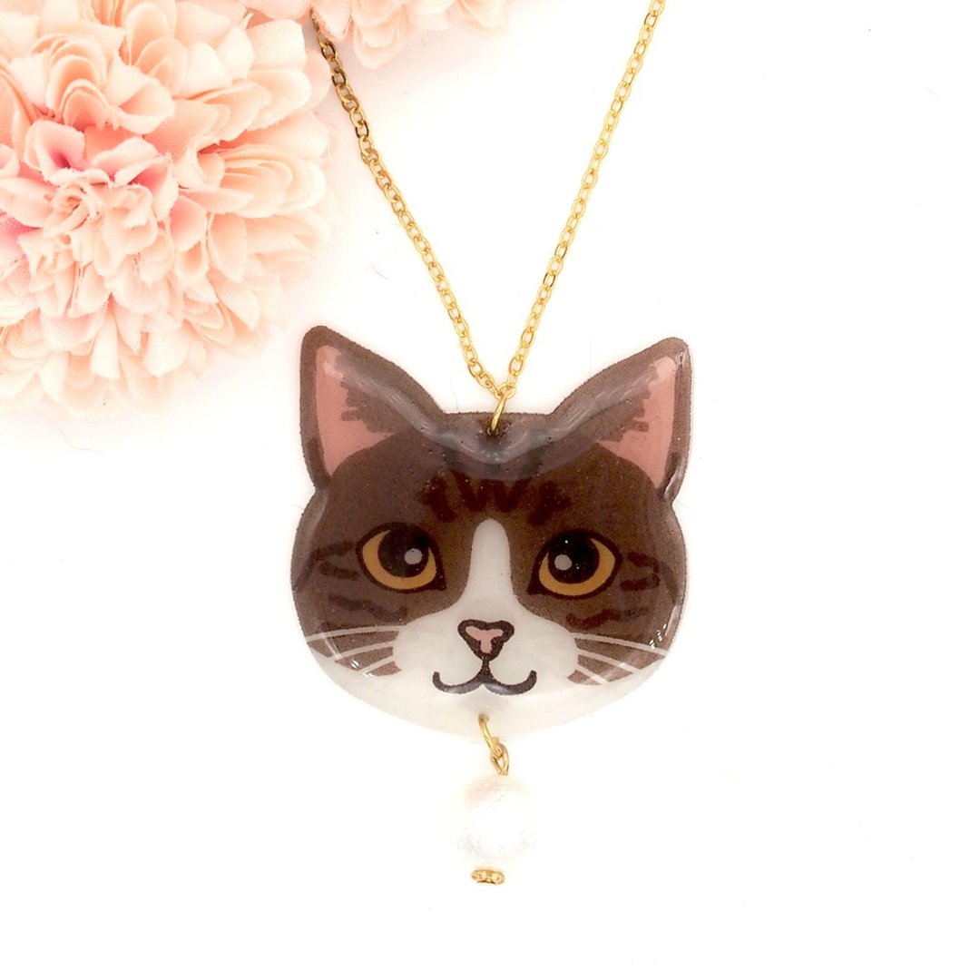 Meow绵绵珠系列 - 手作深啡虎斑纹猫猫绵绵珠项链 - 项链 - 压克力 咖啡色