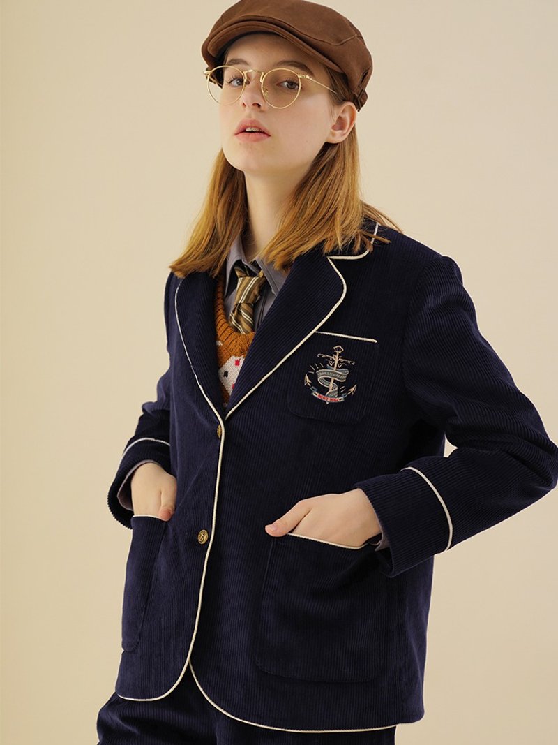 ECRU SOLI 素白已然 英伦预科生镶边贴袋刺绣 宽松藏青灯芯绒西服 - 女装西装外套/风衣 - 棉．麻 蓝色