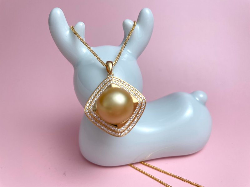 方圆 天然海水珍珠 南洋金珠 满镶纯银 吊坠 赠项链 - 项链 - 珍珠 金色