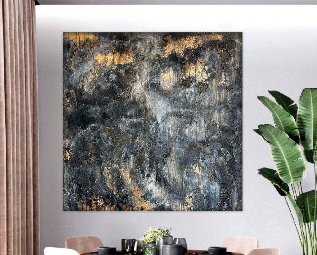 纹理黑色绘画与金叶独特的墙壁艺术现代绘画 - 墙贴/壁贴 - 压克力 多色