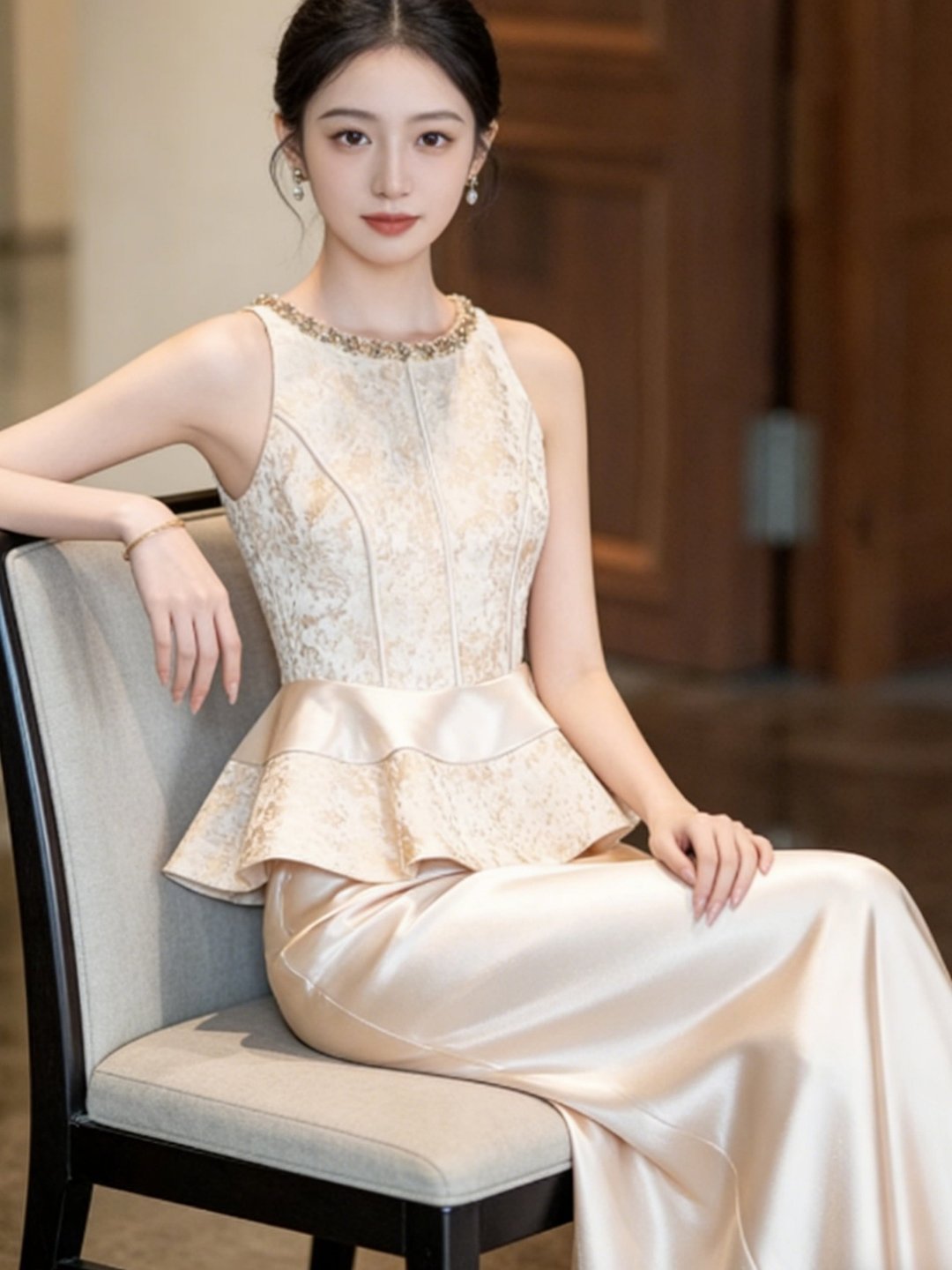 香檳色 輕奢風無袖蕾絲拼接禮服 新娘結婚敬酒服成人禮輕禮服 - 旗袍 - 其他人造纤维 金色
