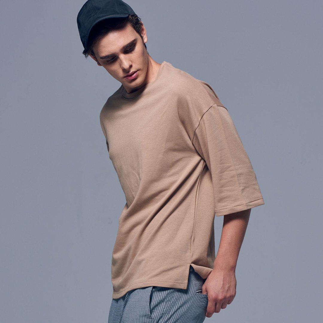 Stone'As Oversized 3/4 Sleeve T-Shirt In Khaki / 卡其 七分 - 男装上衣/T 恤 - 棉 透明