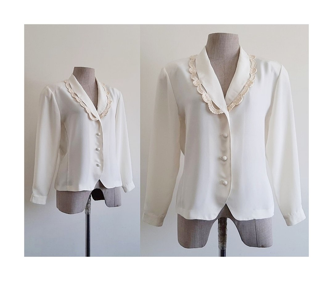 Vintage Cream Polyester Blouse - 女装上衣 - 聚酯纤维 