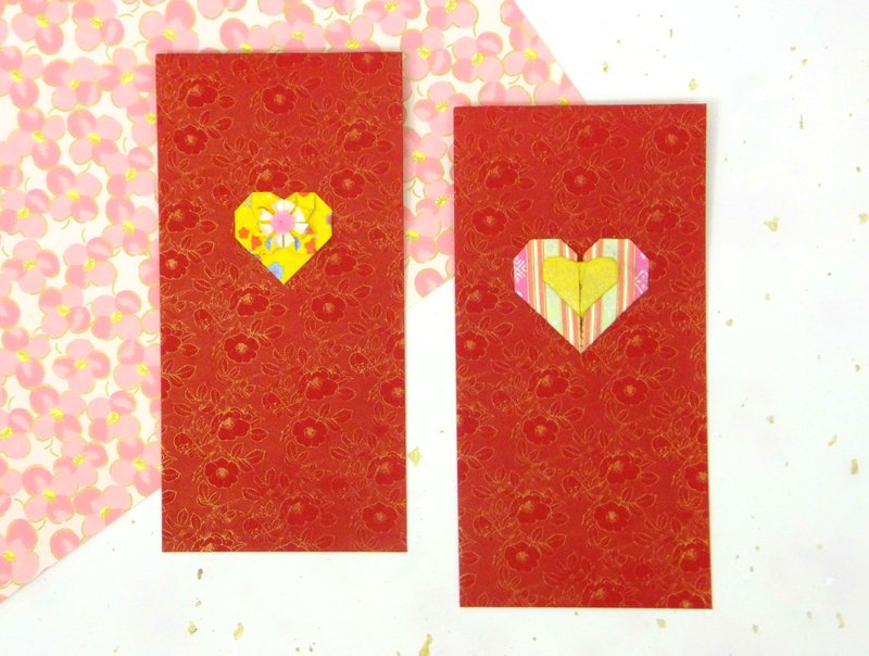 手工日本和风折纸爱心红包袋  条纹粉 金黄一组两入 - 红包/春联 - 纸 红色