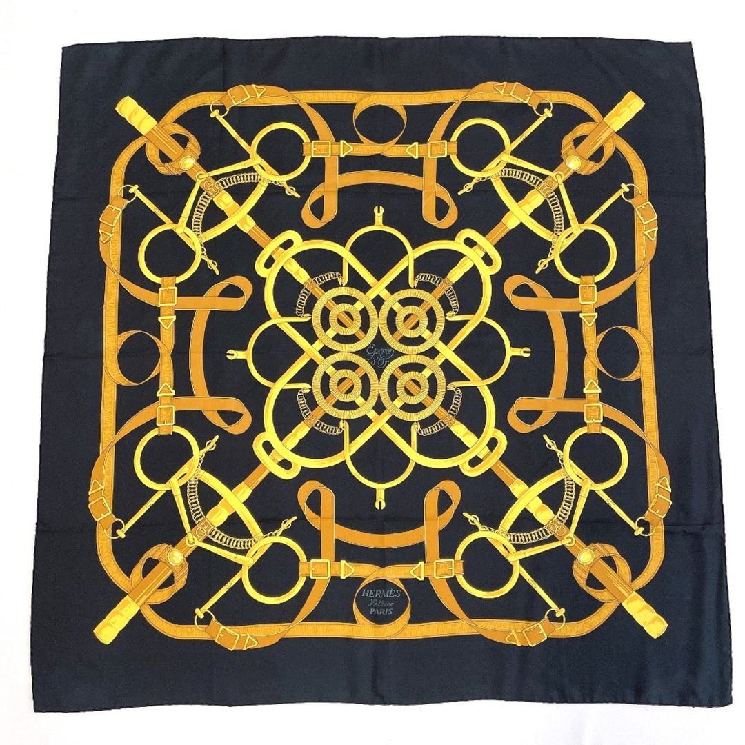 【日本直送 中古美品】爱马仕 HERMES 丝巾 Square 90 Eperon d'or 华丽的马刺 大尺寸方巾 100% 丝绸 黑色 黄色 - 丝巾 - 丝．绢 黑色