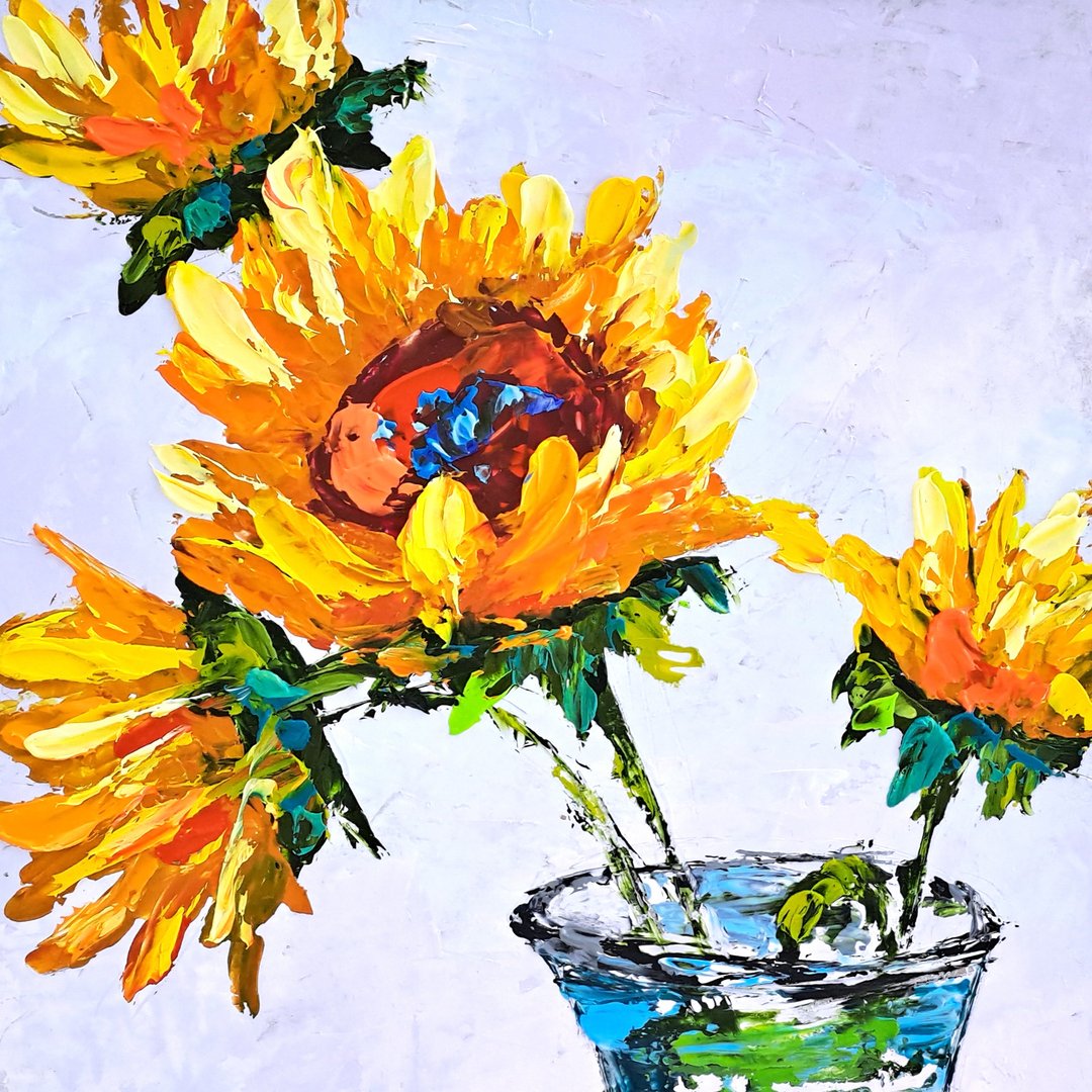 Sunflower Painting Floral Original Art Impasto Flowers Oil Painting Still Life - 海报/装饰画/版画 - 其他材质 多色