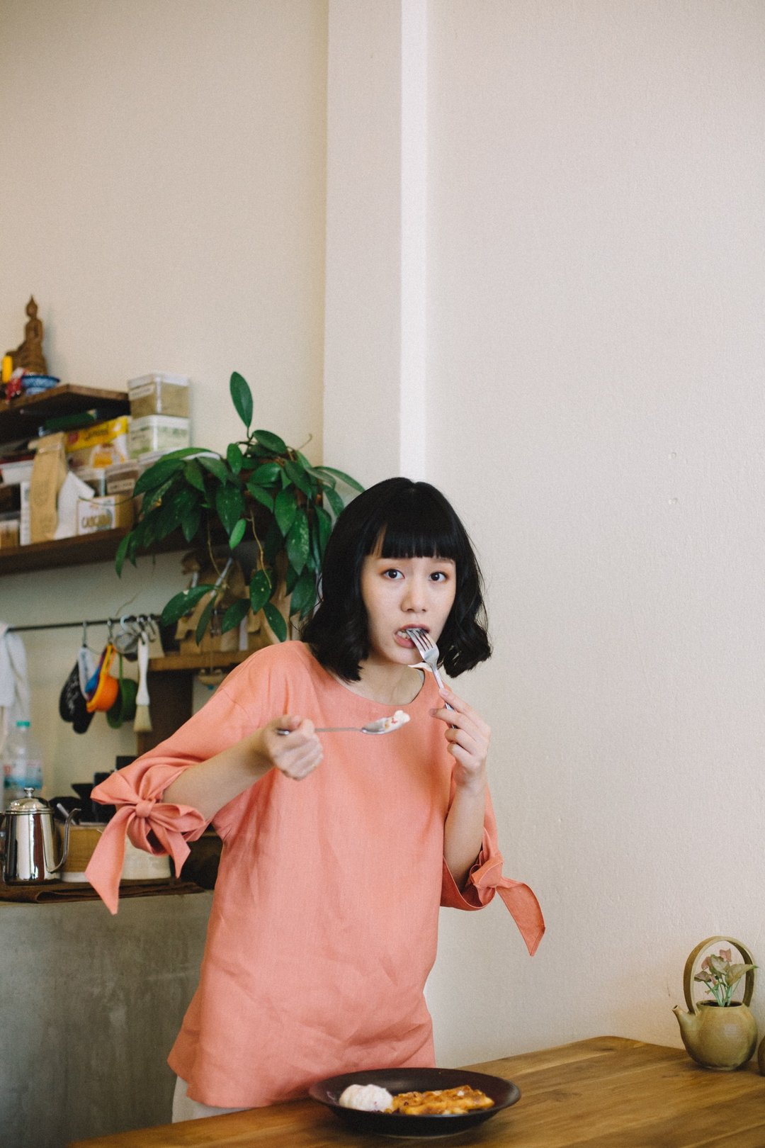 Tunic top with bow tie in Salmon - 女装上衣 - 棉 粉红色