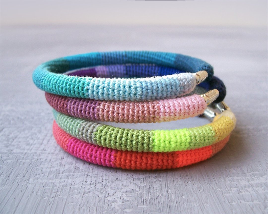 4 Rainbow Bangles Convertible Jewelry, Stacking Bracelets - 手链/手环 - 棉 多色