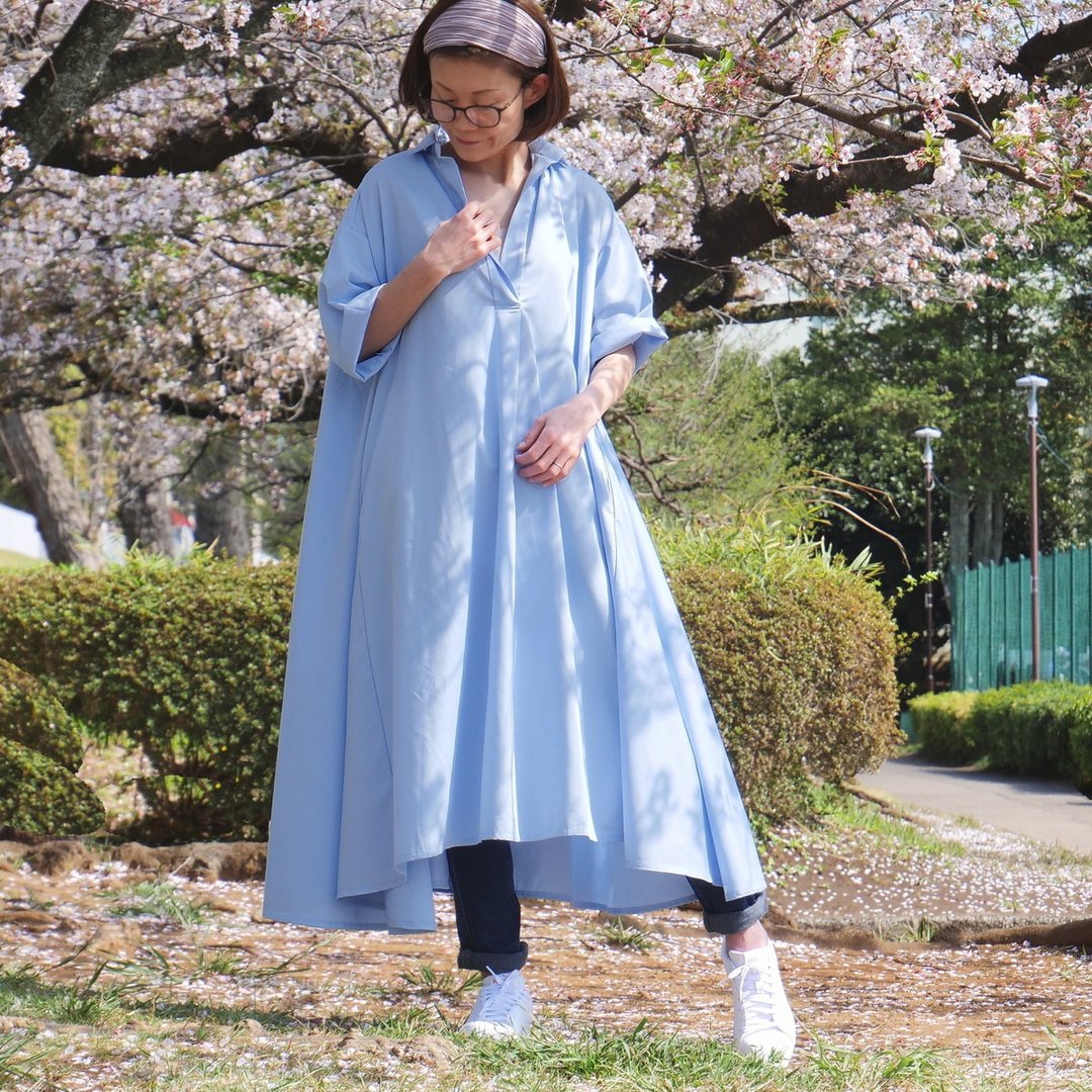全长 2 种版型．衬衫领．率性宽松设计．七分袖．伞状连身裙．素色．浅蓝色．d-dr2002 - 洋装/连衣裙 - 棉．麻 蓝色