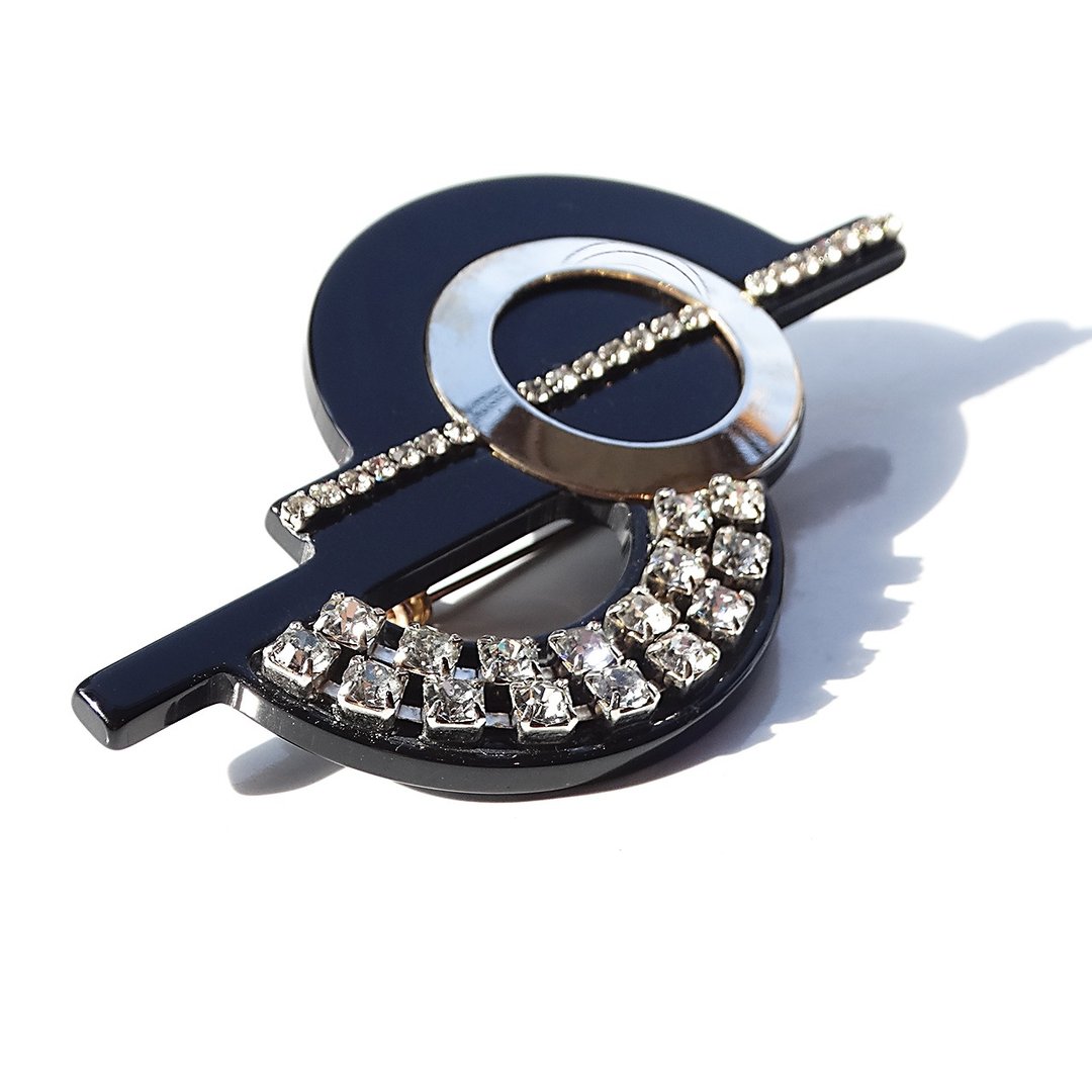 80s Vintage plastic black × rhinestone design modern brooch - 胸针 - 塑料 黑色