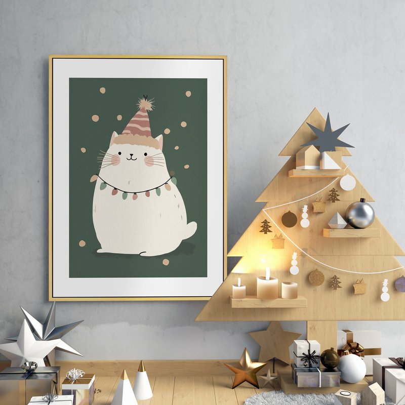 圣诞欢乐小猫(绿色款)-圣诞插画/圣诞树装饰挂画/圣诞小物 - 海报/装饰画/版画 - 棉．麻 卡其色