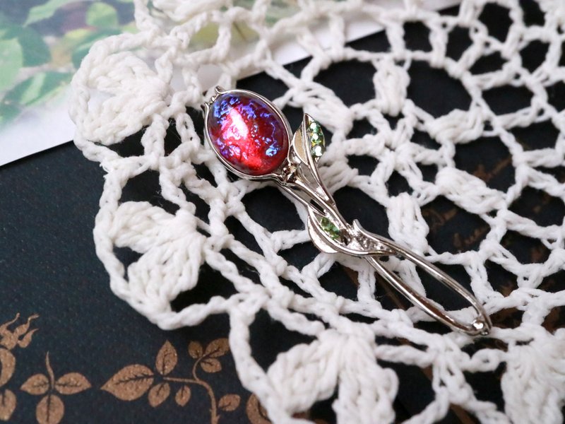 Rose Nebula Silver Space Galaxy Rose Rose Flower Elegant Delicate Elegance Adult Art Nouveau Dragon's Breath Style Schiller Play Color Small Small Small Small Small - 胸针 - 玻璃 红色