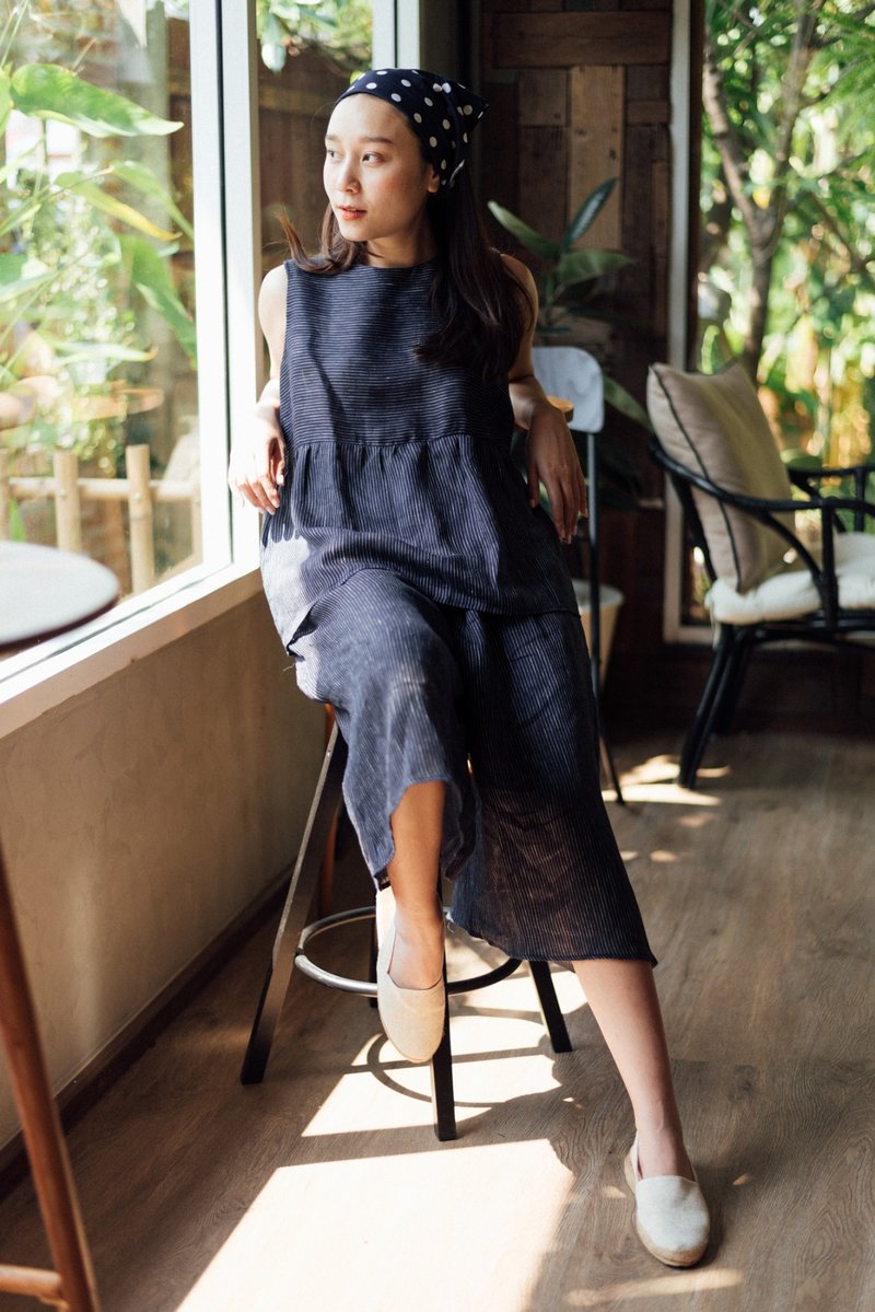 Good Mood Set (Top & Pants) - Navy stripe - 女装上衣 - 棉．麻 蓝色