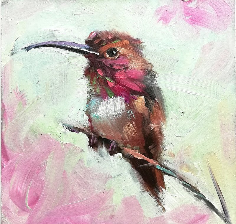Original Oil Painting Hummingbird Artwork Bird Wall Decor - 墙贴/壁贴 - 其他材质 多色