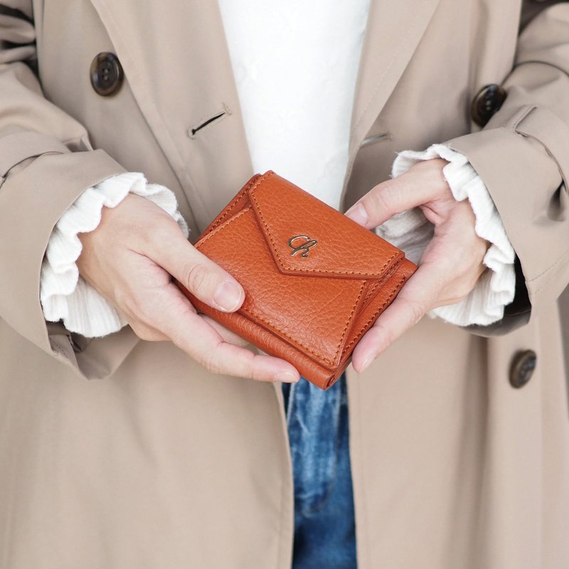 Maily (Mocha) : Tri-fold wallet, short wallet, cow leather, Brown-orange - 皮夹/钱包 - 真皮 橘色