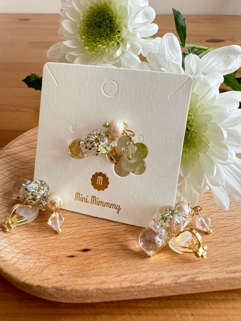 日系 白蕾丝花闪闪耳夹 - 耳环/耳夹 - 树脂 白色