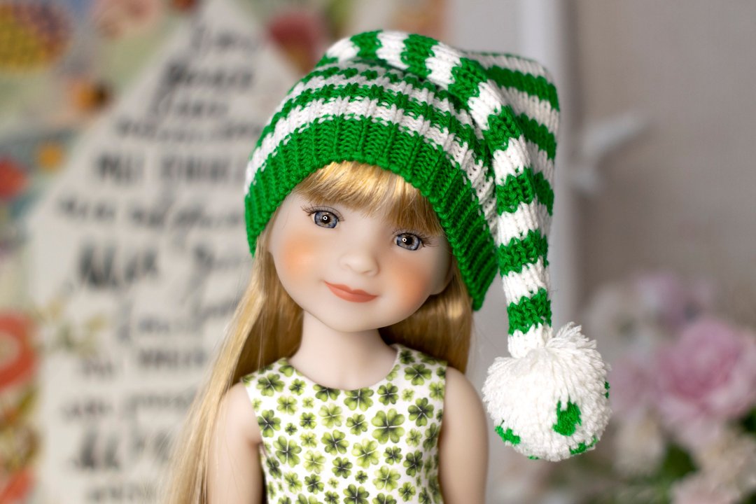 Green striped elf hat for doll Ruby Red Fashion Friends, St. Patrick's Day, 娃娃帽 - 玩偶/公仔 - 羊毛 绿色