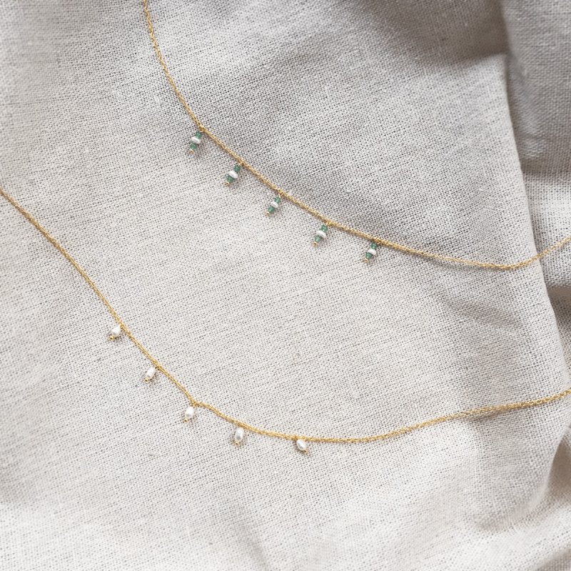 珍珠细雨 | 气质天然巴洛克珍珠蓝绿玛瑙珠纯银镀24K金颈链短项链 - 项链 - 珍珠 金色