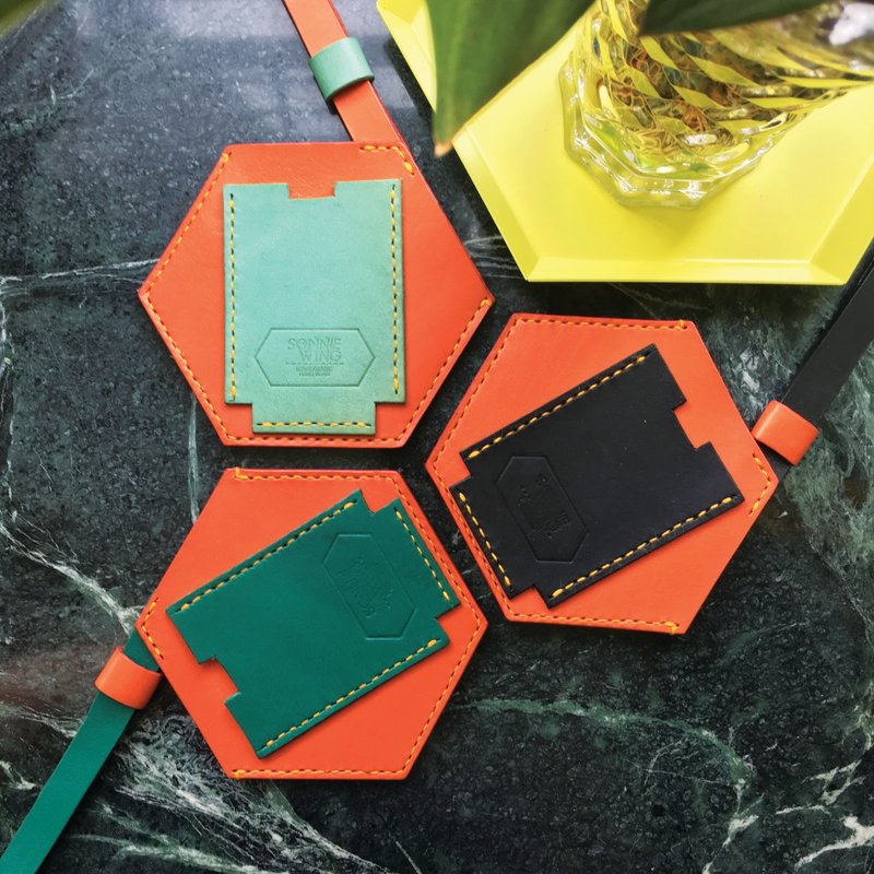 节日送礼 玩味六角形橙色 黑色皮革咭片套 - 名片夹/名片盒 - 真皮 橘色
