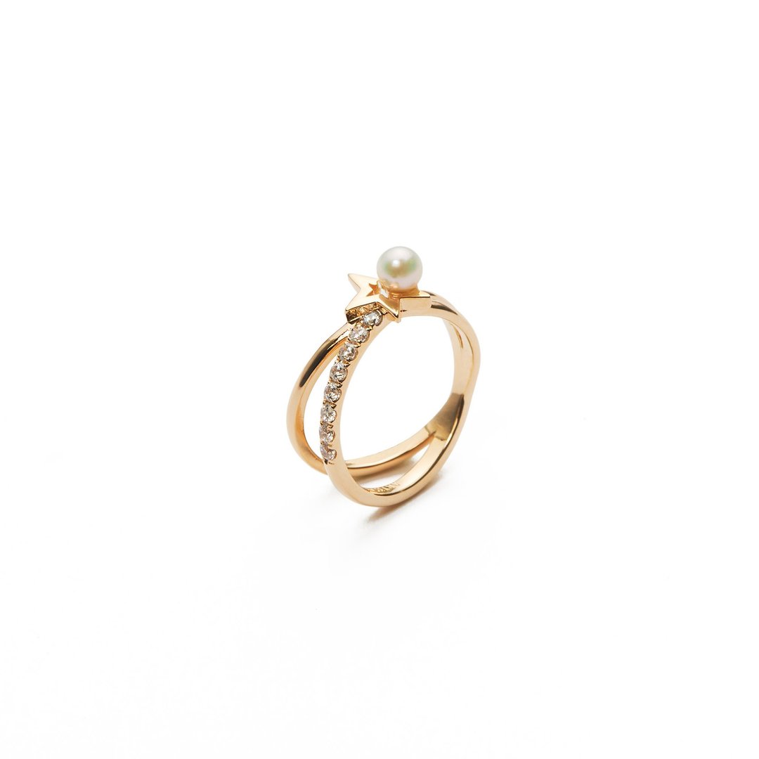 斜口小星戒指 925银厚镀18K金 Stella Pearl Ring - 戒指 - 珍珠 金色