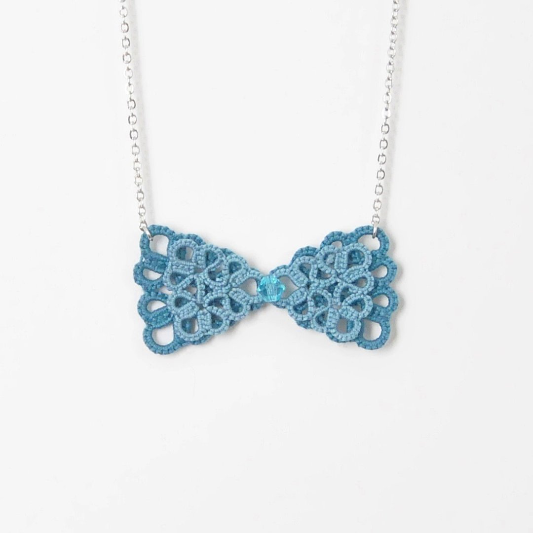 《订制》‘迷你双双蝴蝶结’湖绿 梭编 梭编 项链‘Mini Double Bow’Turquoise Tatting Necklace - 颈链 - 绣线 绿色