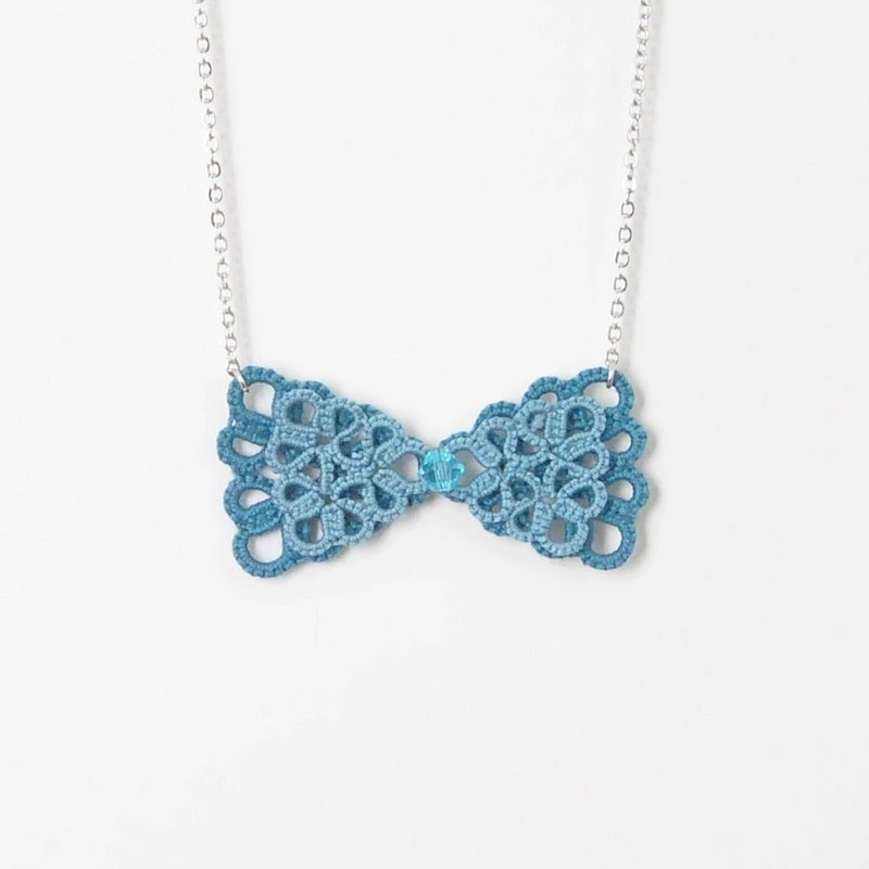 《订制》‘迷你双双蝴蝶结’湖绿 梭编 梭编 项链‘Mini Double Bow’Turquoise Tatting Necklace - 颈链 - 绣线 绿色