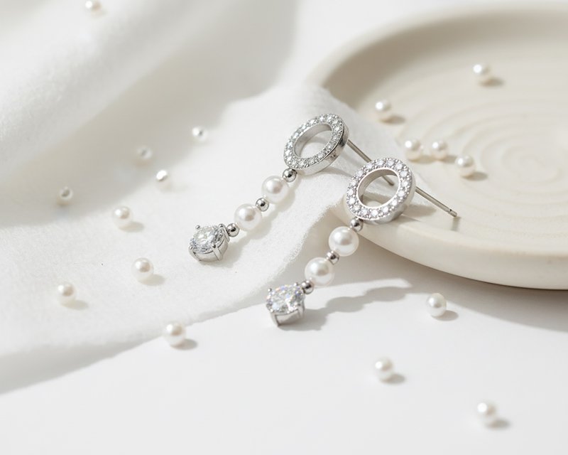 环星映月耳环 天然珍珠 镜面镶锆石 抗过敏 两款可选 台湾制造 - 耳环/耳夹 - 不锈钢 银色