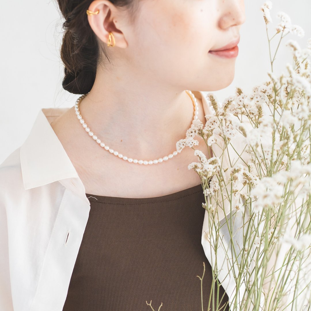14kgf rice pearl short necklace - 长链 - 珍珠 白色