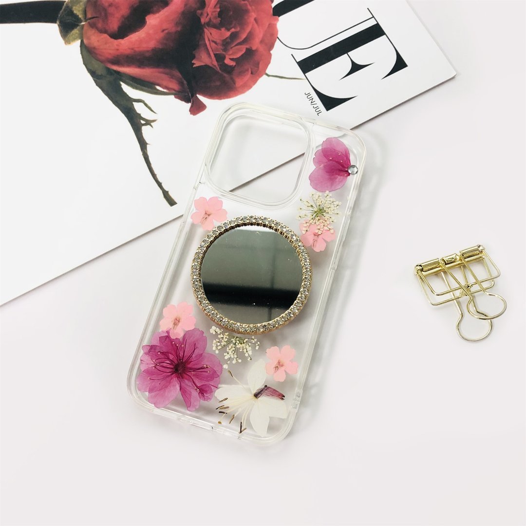 天然粉白系押花镜子手机壳 适用于iPhone 16 Samsung S25 Google - 手机壳/手机套 - 植物．花 