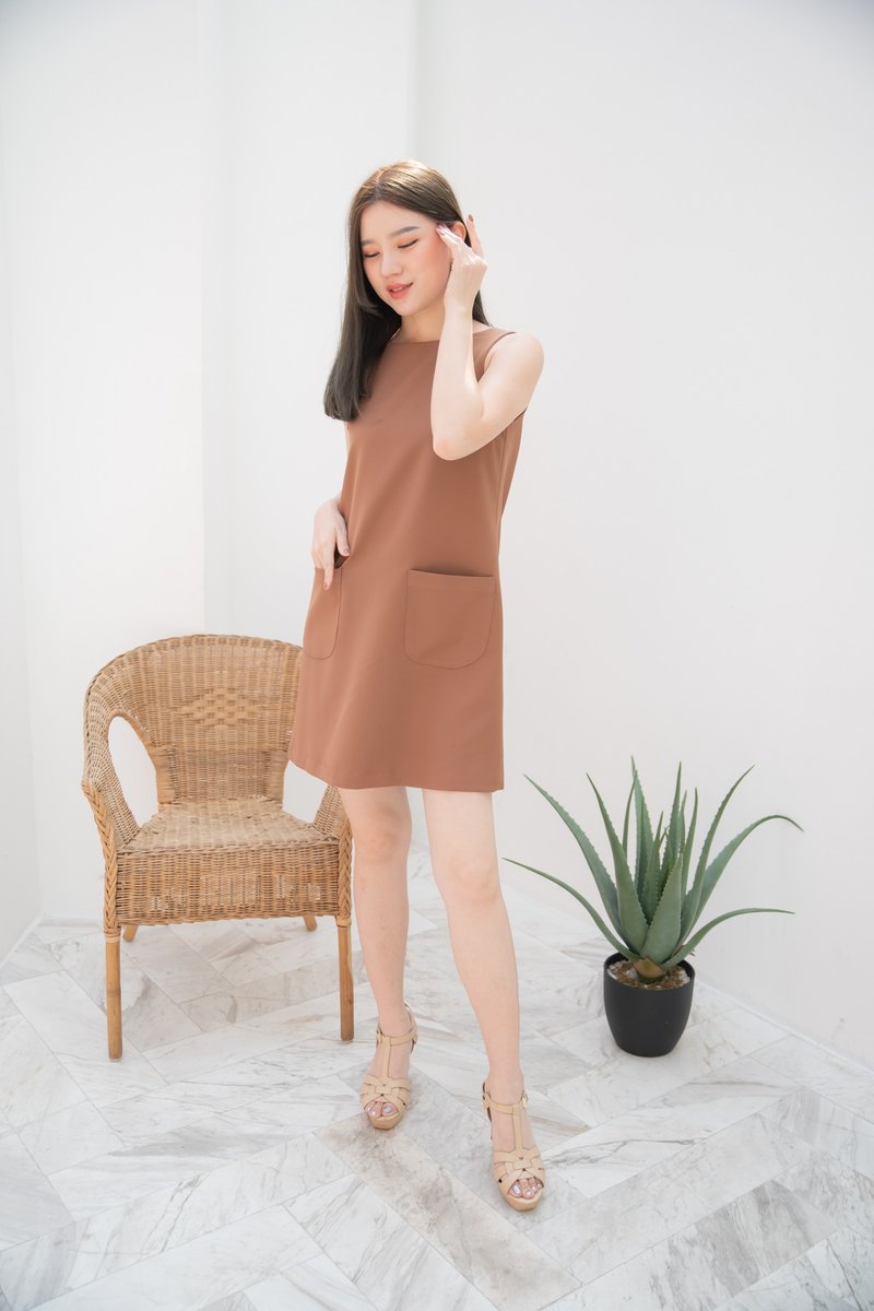 Brown Office Casual Look Dress A Line Pocket Party Dress Summer Style Loose - 洋装/连衣裙 - 聚酯纤维 咖啡色