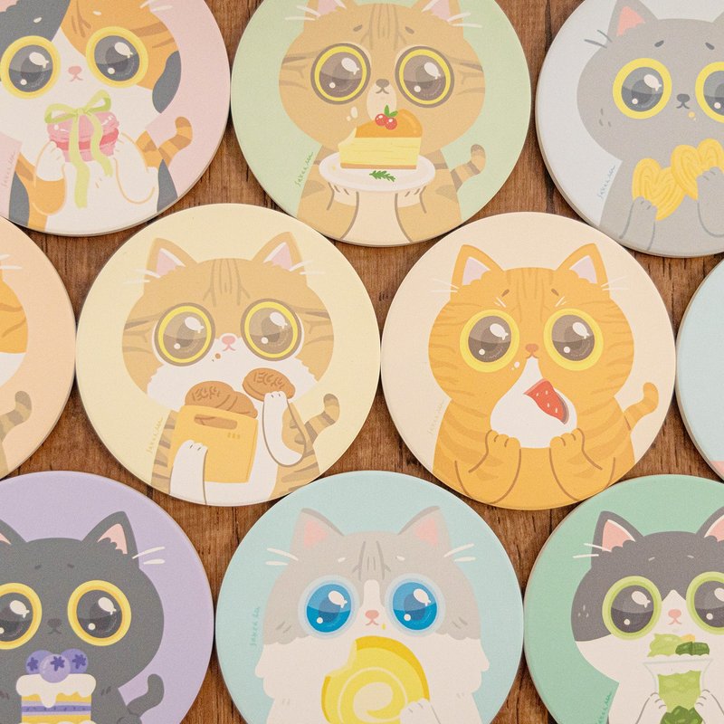 贪吃猫咪插画杯垫 - 杯垫 - 瓷 多色