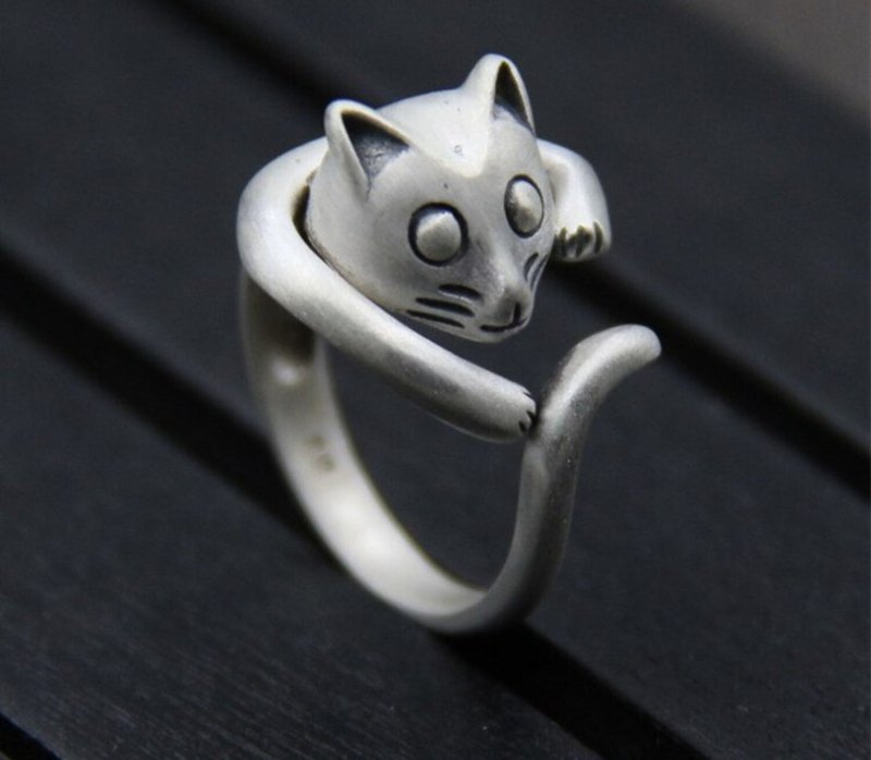 Real S 999 Silver Women Fine Jewelry Handmade Naughty Cat Opening Rings Lovely - 戒指 - 银 银色