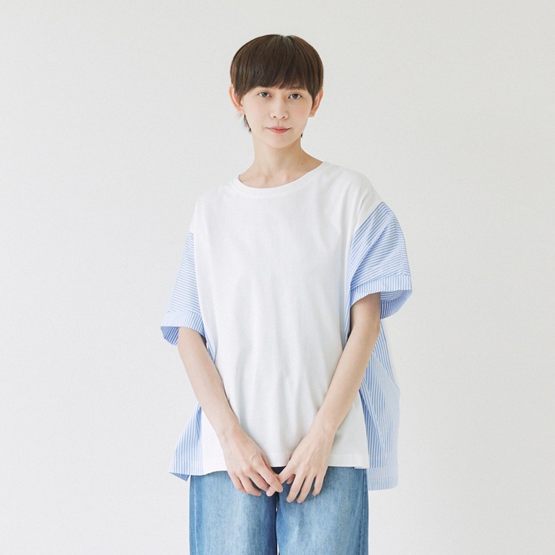 【Simply Yours】条纹拼接短袖T 白F - 女装 T 恤 - 棉 白色