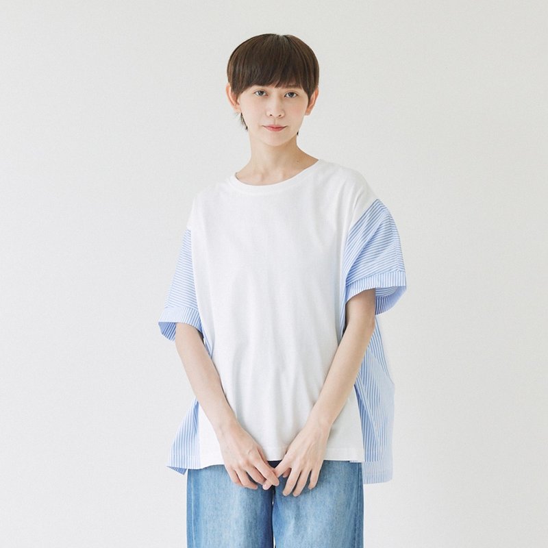 【Simply Yours】条纹拼接短袖T 白F - 女装 T 恤 - 棉．麻 白色