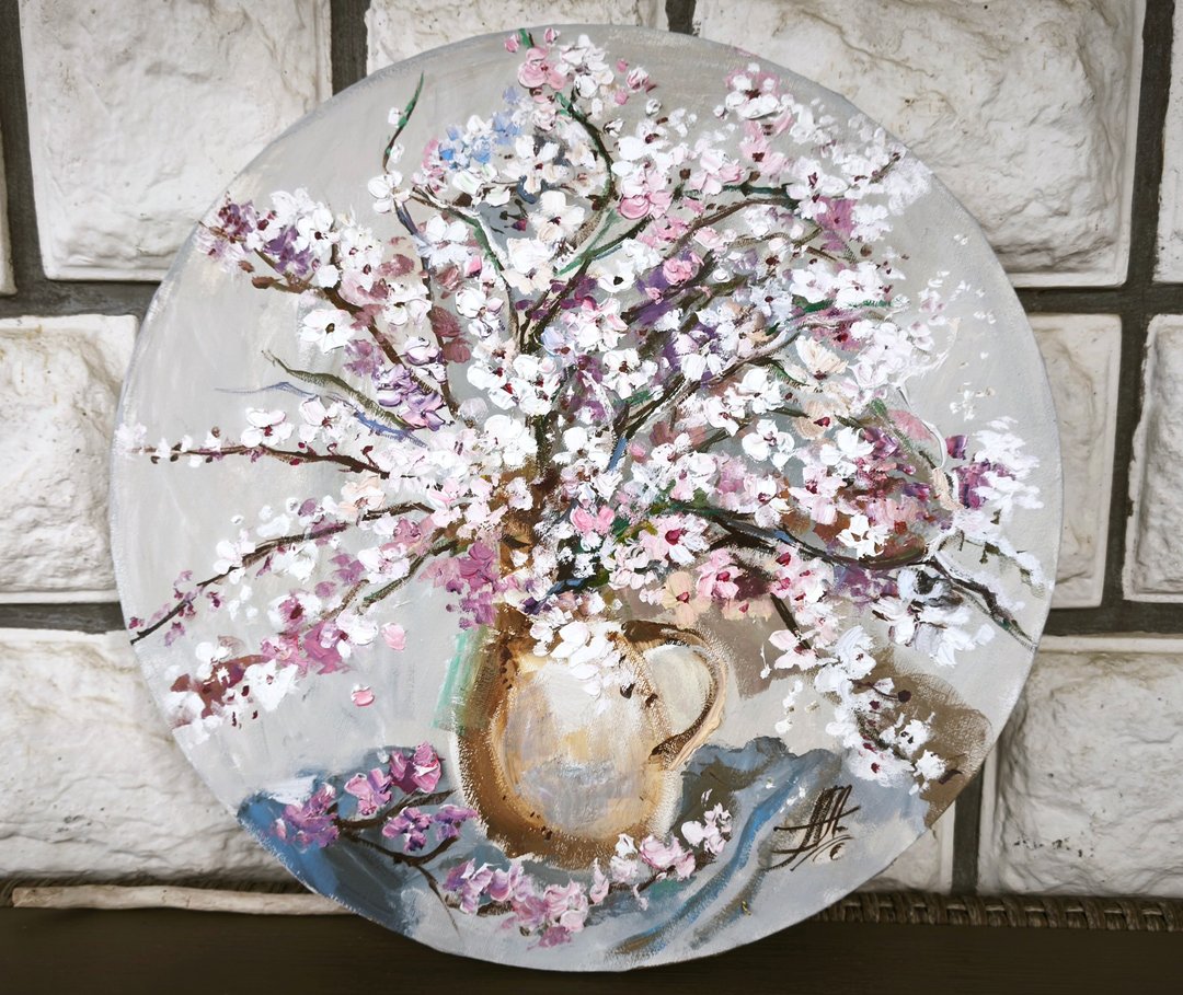 樱花圆形油画 花卉画 春天 公寓装饰准备发货 - 墙贴/壁贴 - 其他材质 卡其色