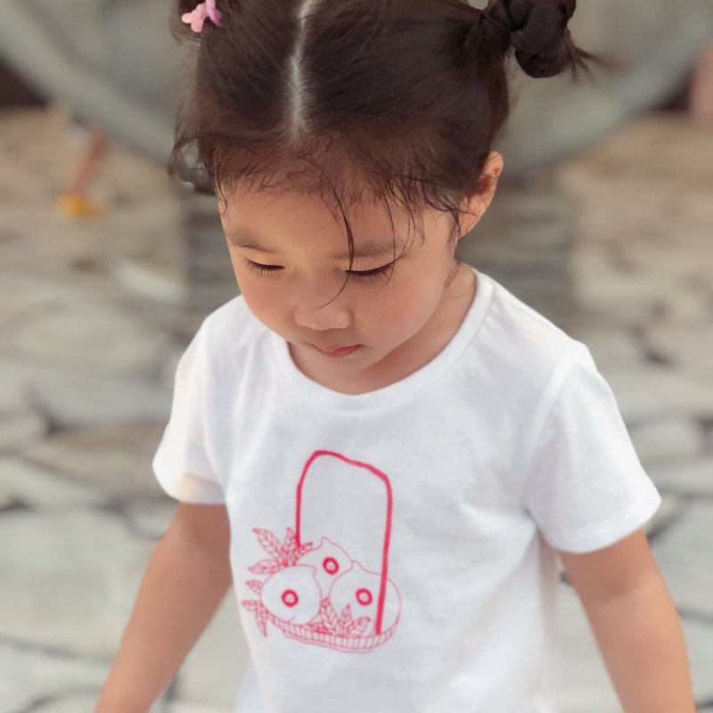 甜甜水蜜桃-纯棉短袖T恤-传统线描-台湾味 - 童装上衣 - 棉．麻 白色