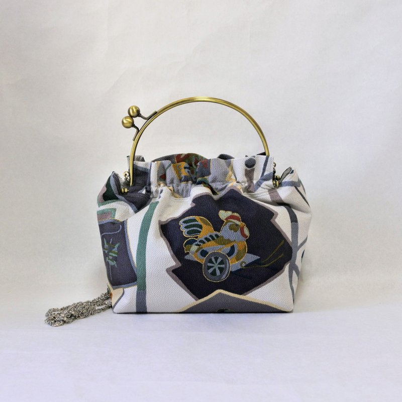 和服改造 束口袋框架肩背包 - 侧背包/斜挎包 - 丝．绢 灰色