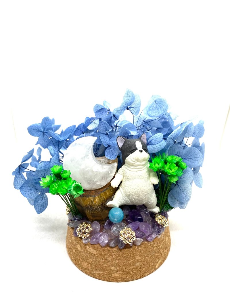 法斗与白水晶月亮/虎眼石/海蓝宝-水晶公仔干燥花摆设 - 摆饰 - 水晶 