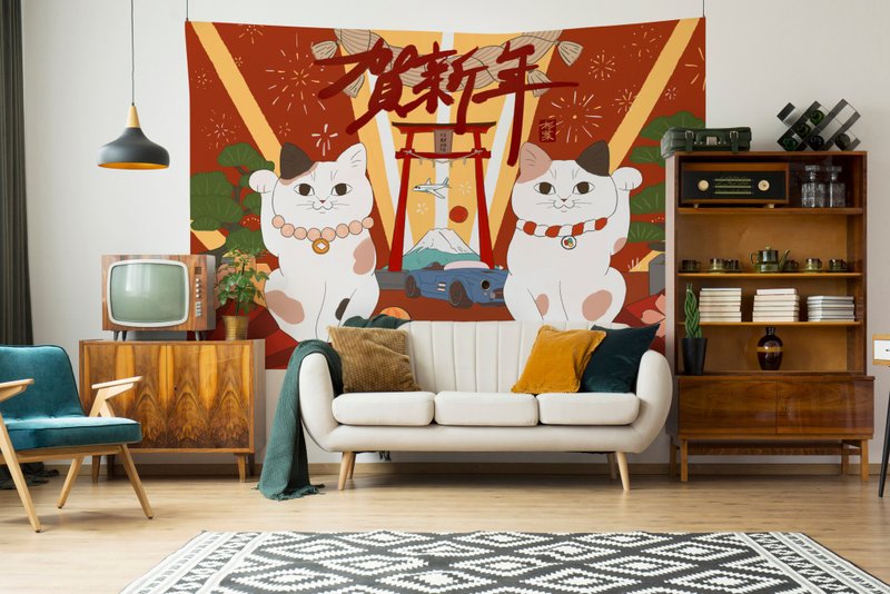 好运招财猫贺新年挂布 春节挂布 日式背景布 春节挂毯 新年布置 - 海报/装饰画/版画 - 聚酯纤维 白色