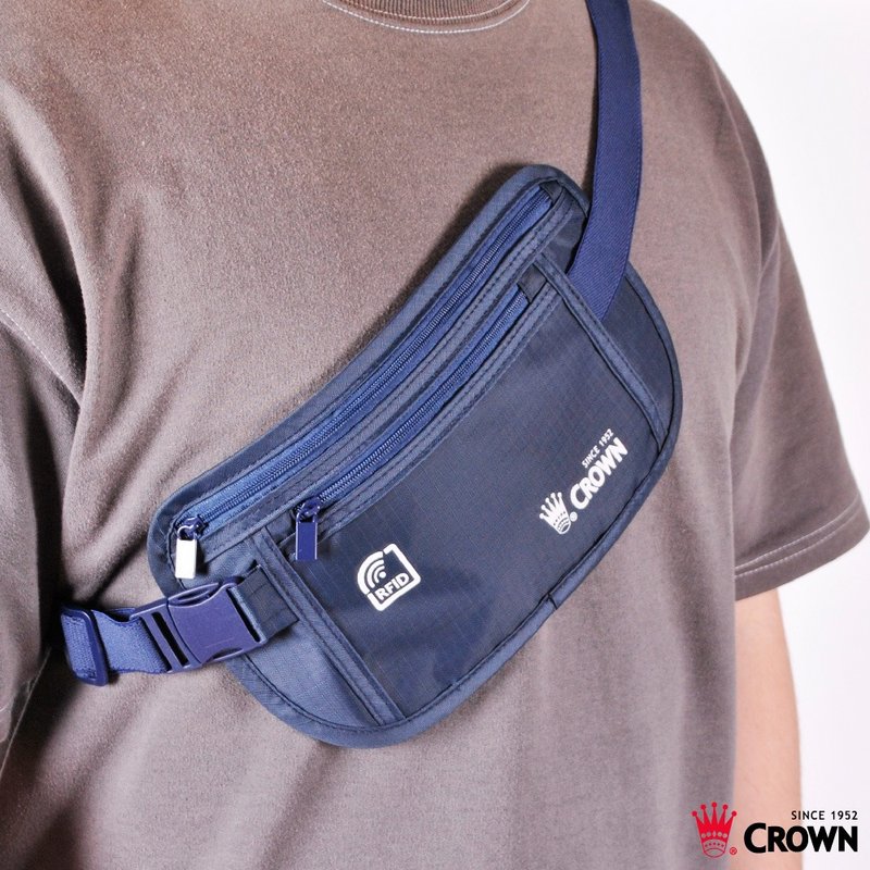 【CROWN】RFID阻隔旅行腰包 深蓝色 - 其他 - 其他材质 蓝色